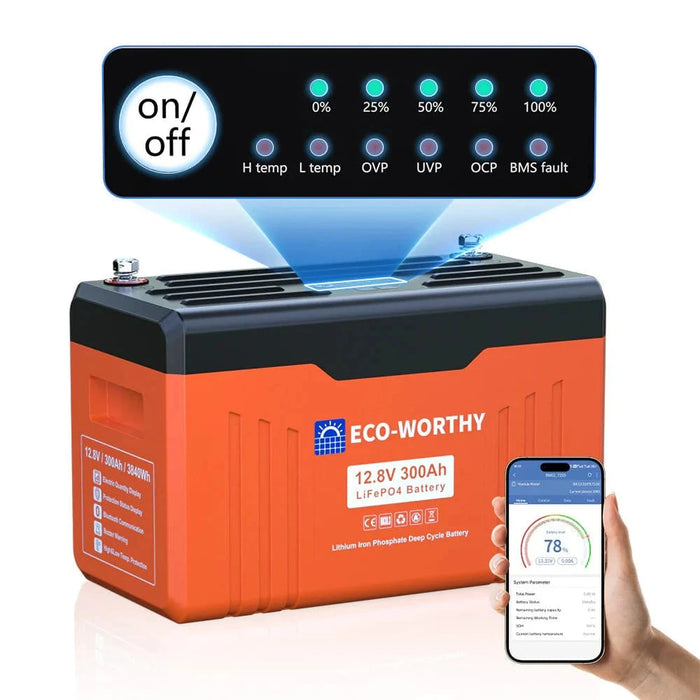 Eco-Worthy | 12V 300AH Lifepo4 Lithium Battery Bluetooth with SOC LEDs and Low Temp Protection