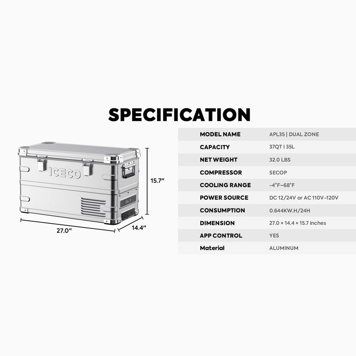ICECO | APL35 Dual Zone Aluminum Silver Fridge 35 LT