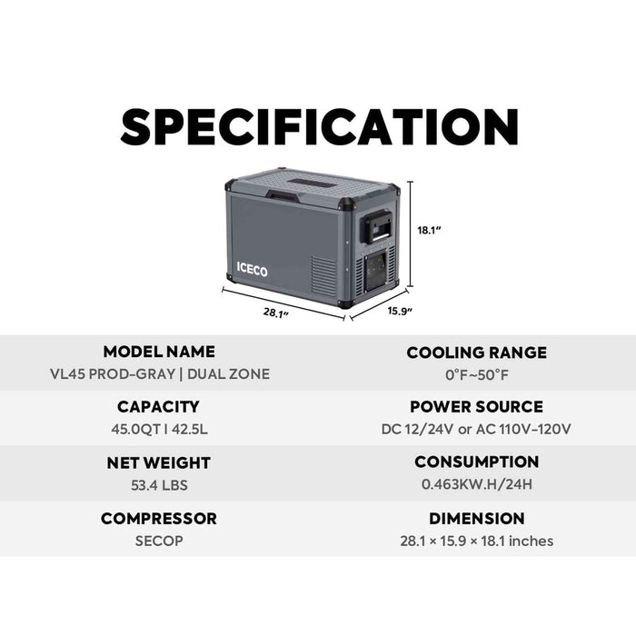 ICECO | VL45ProD Dual Zone Portable Freezer - Gray