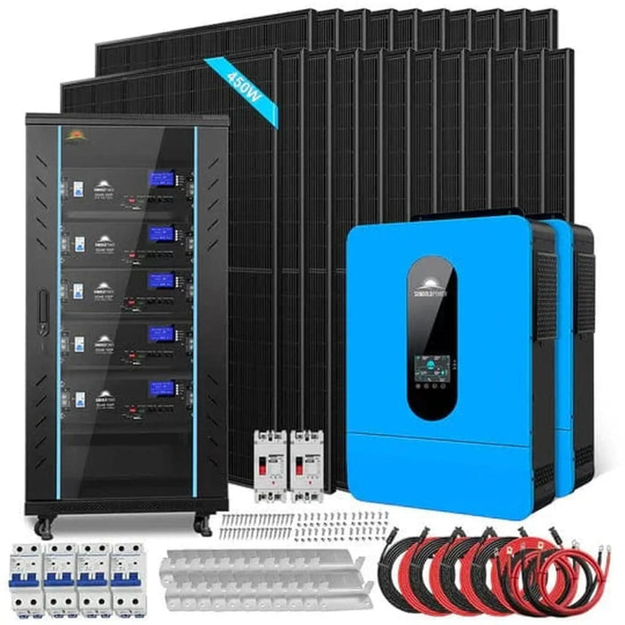 SunGoldPower | Off Grid Solar Kit 13000W 48VDC 120V/240V LifePo4 25.6KWH Lithium Battery 22 X 450 Watts Solar Panels SGR-13K25E