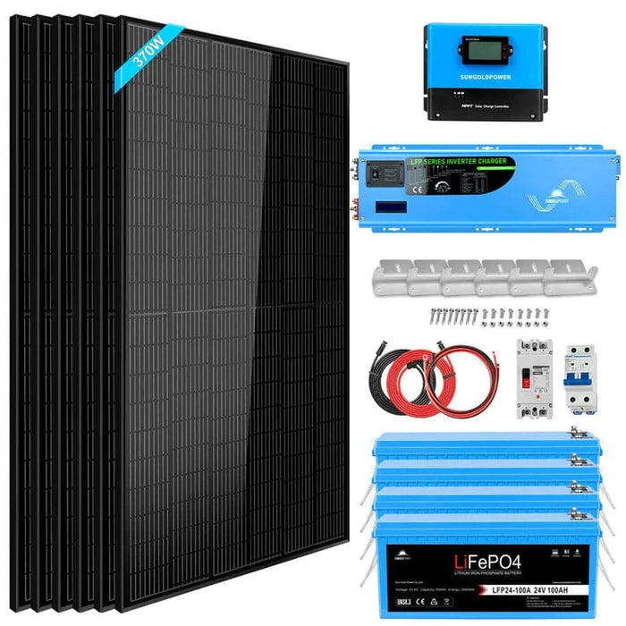 SunGoldPower | Off Grid Solar Kit 6000W 24VDC 120V/240V LiFePO4 10.24KWH Lithium Battery | 6x 370 Watt Solar Panels