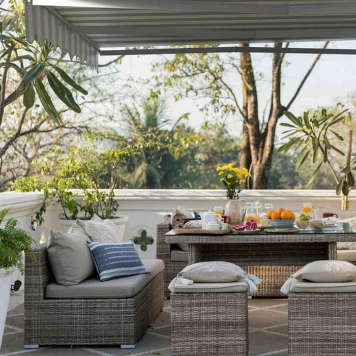 ALEKO | Moroccan Semi-Cassette Motorized Patio Awning - Seagull Gray & White Striped - 13 X 10 feet
