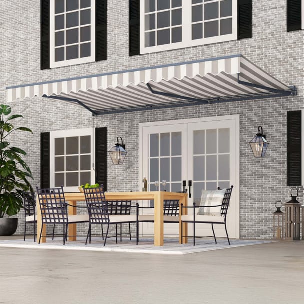ALEKO | Moroccan Semi-Cassette Motorized Patio Awning - Seagull Gray & White Striped - 12 X 10 feet
