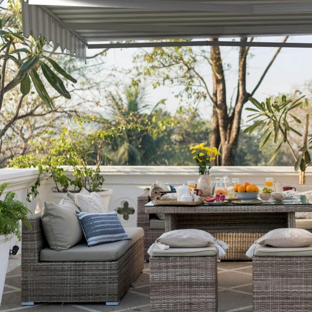 ALEKO | Moroccan Semi-Cassette Motorized Patio Awning - Seagull Gray & White Striped - 12 X 10 feet