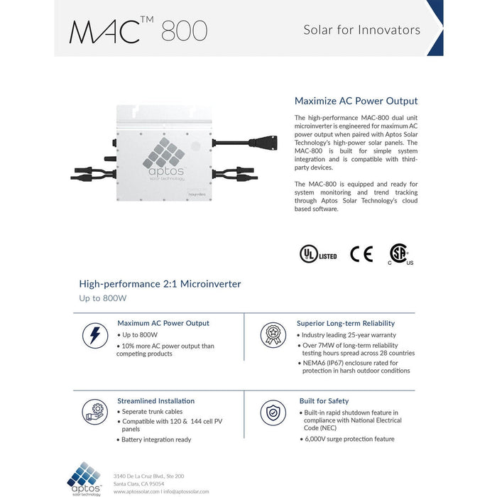 Aptos | Microinverter Kit - Aptos MAC-800 | Complete Grid-Tie Solar Panel Kit - 8kW