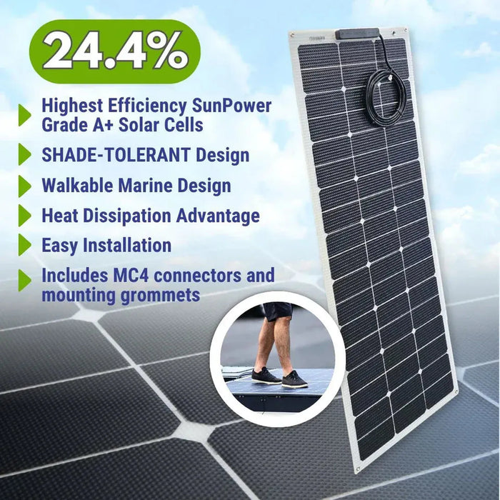 Custom Marine | 100 Watt Walkable Semi Rigid Shade Tolerant Solar Panel with Polycarbonate & J-Mount Brackets - Sunpower A+ Grade 24.4% Efficient Cells