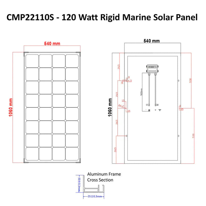 Custom Marine | 120 Watt Rigid Marine Solar Panel - Sunpower A+ Grade 24.4% Efficient Cells