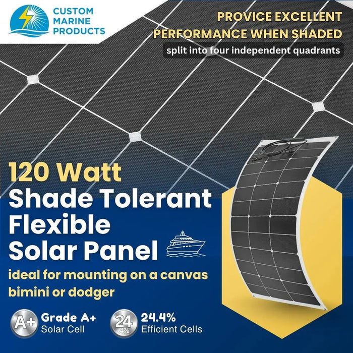 Custom Marine | 120 Watt Shade Tolerant Flexible Solar Panel - Sunpower A+ Grade 24.4% Efficient Cells