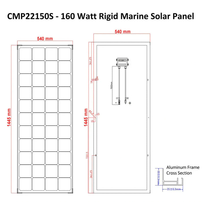 Custom Marine | 165 Watt Rigid Marine Solar Panel - Sunpower A+ Grade 24.4% Efficient Cells