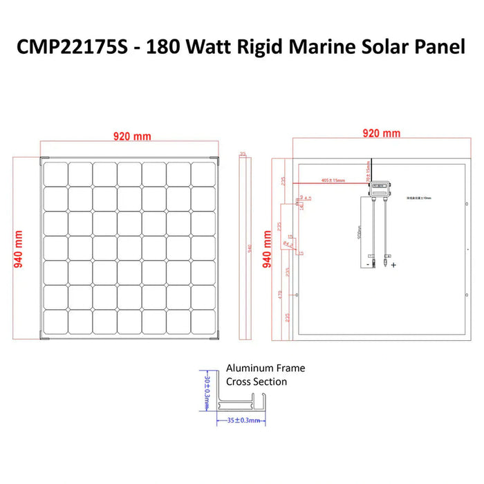 Custom Marine | 180 Watt Rigid Marine Solar Panel - Sunpower A+ Grade 24.4% Efficient Cells