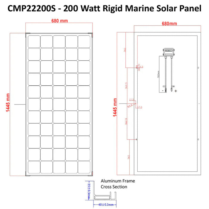 Custom Marine | 200 Watt Rigid Marine Solar Panel - Sunpower A+ Grade 24.4% Efficient Cells
