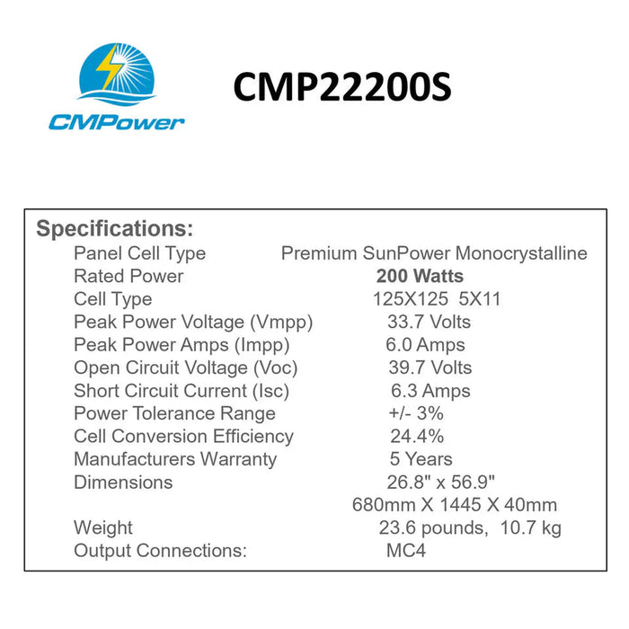 Custom Marine | 200 Watt Rigid Marine Solar Panel - Sunpower A+ Grade 24.4% Efficient Cells
