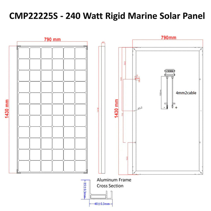 Custom Marine | 240 Watt Rigid Marine Solar Panel - Sunpower A+ Grade 24.4% Efficient Cells