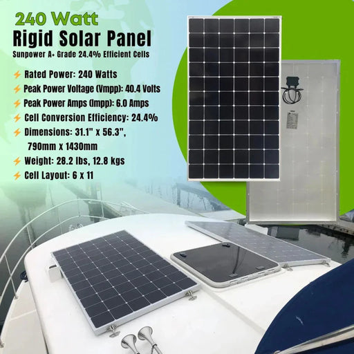 Custom Marine | 240 Watt Rigid Marine Solar Panel - Sunpower A+ Grade 24.4% Efficient Cells