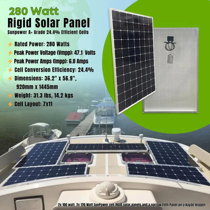 Custom Marine | 280 Watt Rigid Solar Panel - Sunpower A+ Grade 24.4% Efficient Cells