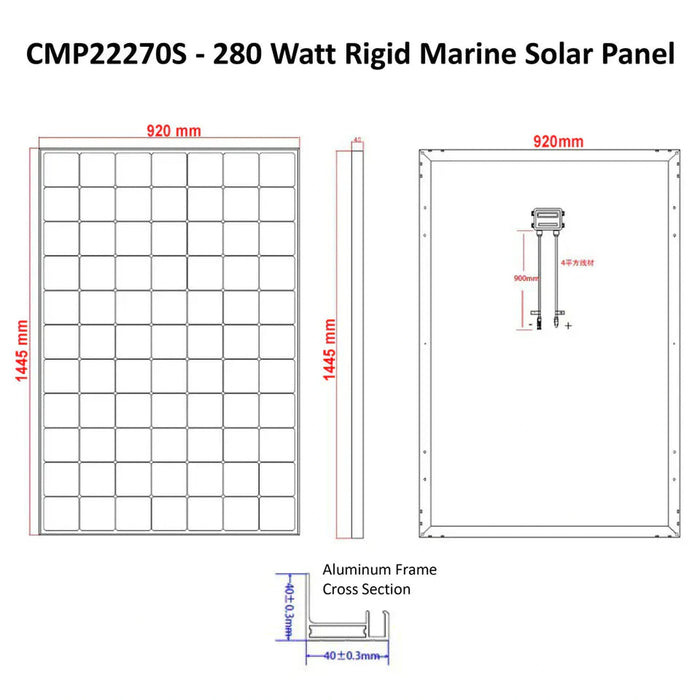 Custom Marine | 280 Watt Rigid Solar Panel - Sunpower A+ Grade 24.4% Efficient Cells