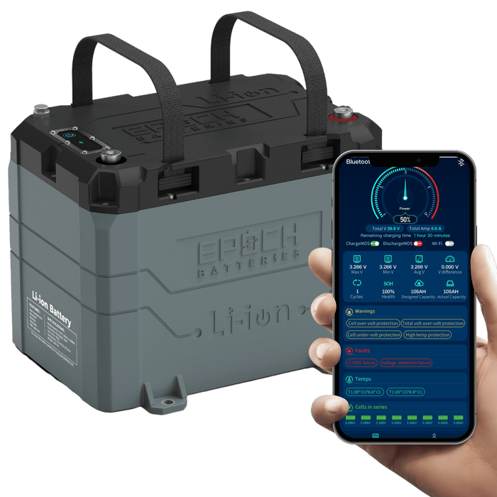 Epoch Batteries | 24V 100Ah LiFePO4 Lithium Battery Bluetooth, Heating, Waterproof