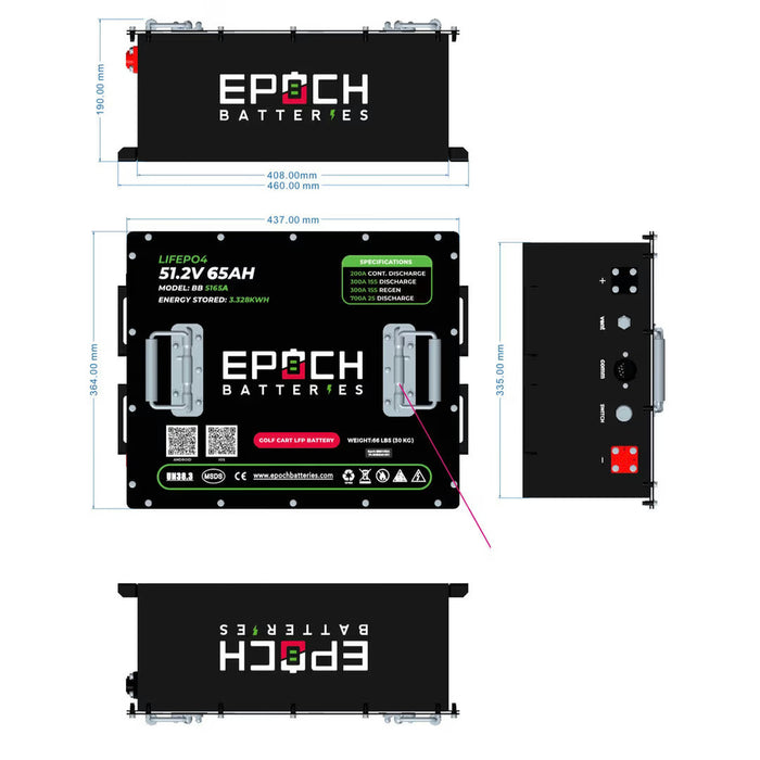 Epoch Batteries | LiMax Series 48V 65Ah Lithium LiFePO4 Golf Cart Battery - Complete Kit