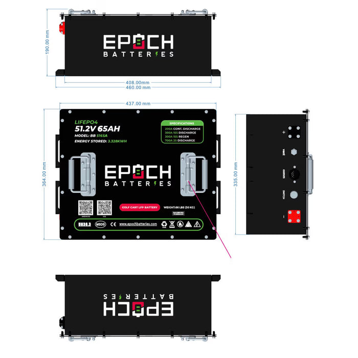 Epoch Batteries | LiMax Series 48V 65Ah Lithium LiFePO4 Golf Cart Battery - Complete Kit
