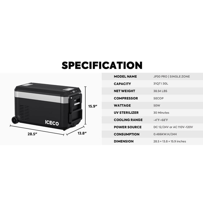 ICECO | JP30 Pro Single Zone Wheeled Portable Freezer With Cover 30 LT