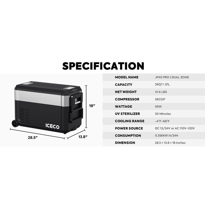 ICECO | JP40 Pro Dual Zone Wheeled Portable Freezer With Cover 40 LT