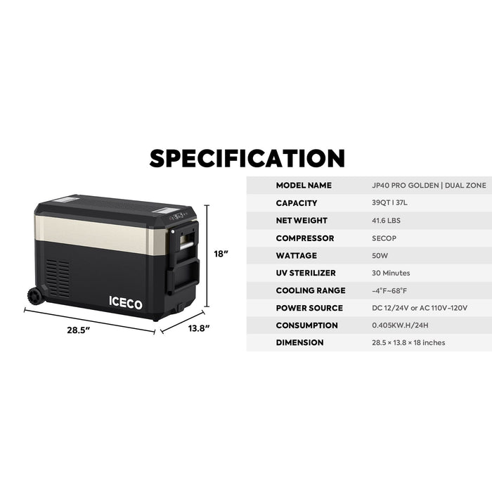 ICECO | JP40 Pro Dual Zone Wheeled Portable Freezer With Cover 40 LT