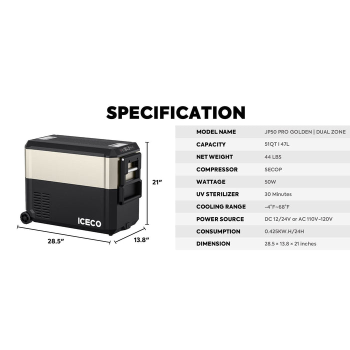ICECO | JP50 Pro Dual Zone Wheeled Portable Freezer With Cover - Gold 50 LT image 4