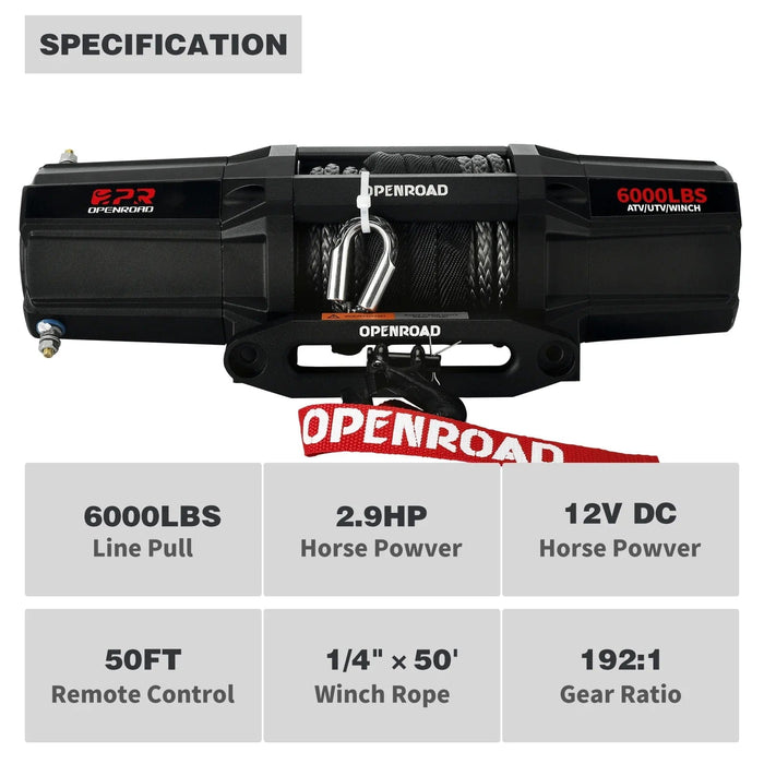 OPENROAD | 6000lbs 12 Volts Electric Winch, Winch for UTV with Mounting Plate