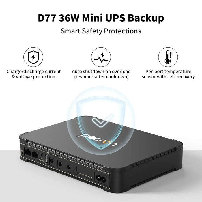 PECRON | D77 DC UPS Battery Backup for Router, Modem, Security Camera, and Phone – 76.96Wh with PoE, 5V/9V/12V