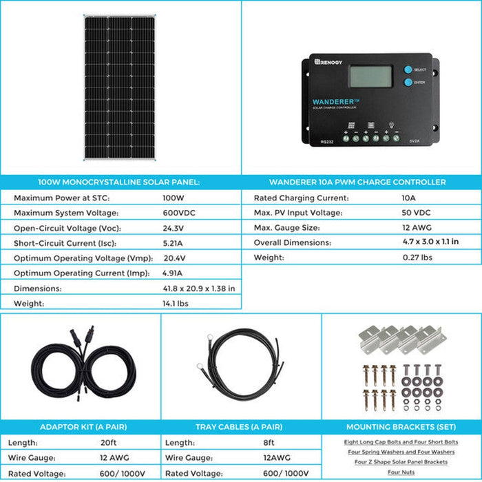 Renogy | 100W 12V Monocrystalline Solar Starter Kit w/Wanderer 10A Charge Controller