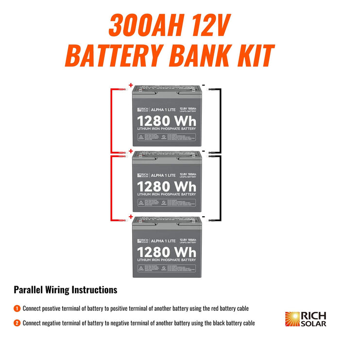 Rich Solar | 300Ah 12V LiFePO4 Off-Grid Battery Kit | 3.8kWh Deep Cycle Lithium Battery Bank | Powerful 300Ah Battery Kit | 3 X ALPHA 1 LITE in Parallel