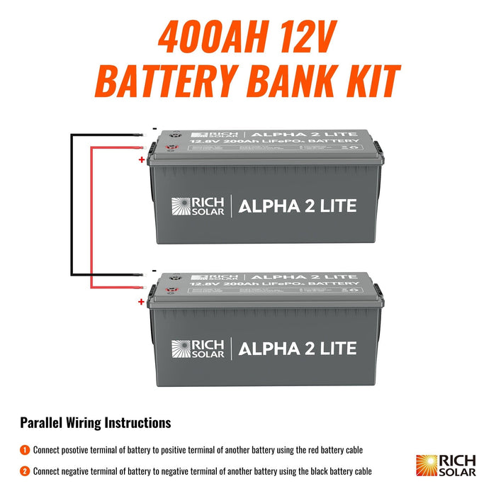 Rich Solar | 400Ah 12V LiFePO4 Off-Grid Battery Kit | 5.12kWh Deep Cycle Lithium Battery Bank | Powerful 300Ah Battery Kit | 2 X ALPHA 2 LITE in Parallel