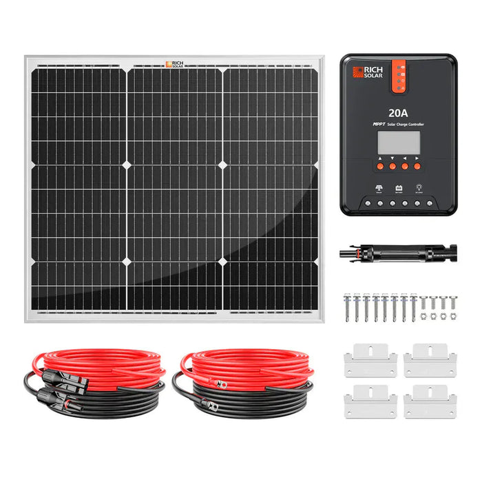 Rich Solar | 50 Watt Solar Kit | 50W Panel + 20A MPPT Controller + Wiring & Mounting Brackets