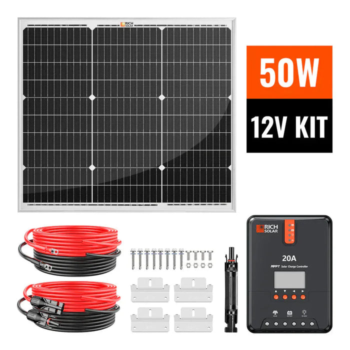 Rich Solar | 50 Watt Solar Kit | 50W Panel + 20A MPPT Controller + Wiring & Mounting Brackets