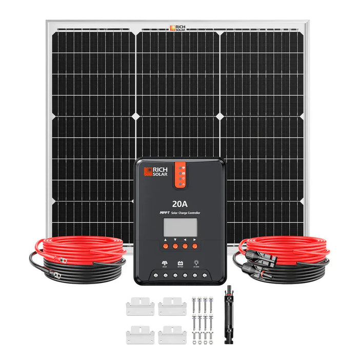 Rich Solar | 50 Watt Solar Kit | 50W Panel + 20A MPPT Controller + Wiring & Mounting Brackets