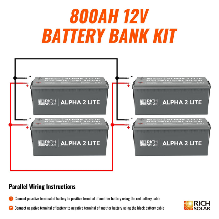 Rich Solar | 800Ah 12V LiFePO4 Off-Grid Battery Kit | 10.2kWh Deep Cycle Lithium Battery Bank | Powerful 800Ah Battery Bank | 4 X ALPHA 2 LITE in Parallel