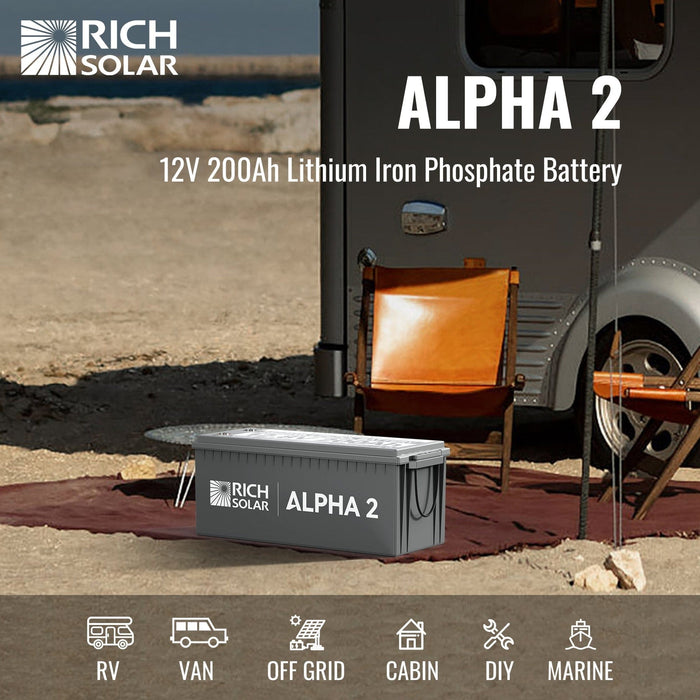 Rich Solar | ALPHA 2 | 12V 200Ah LiFePO4 Battery | Powerful 12V Lithium Battery | 5,000 Lifetime Cycles | Bluetooth and Internal Heat Technology