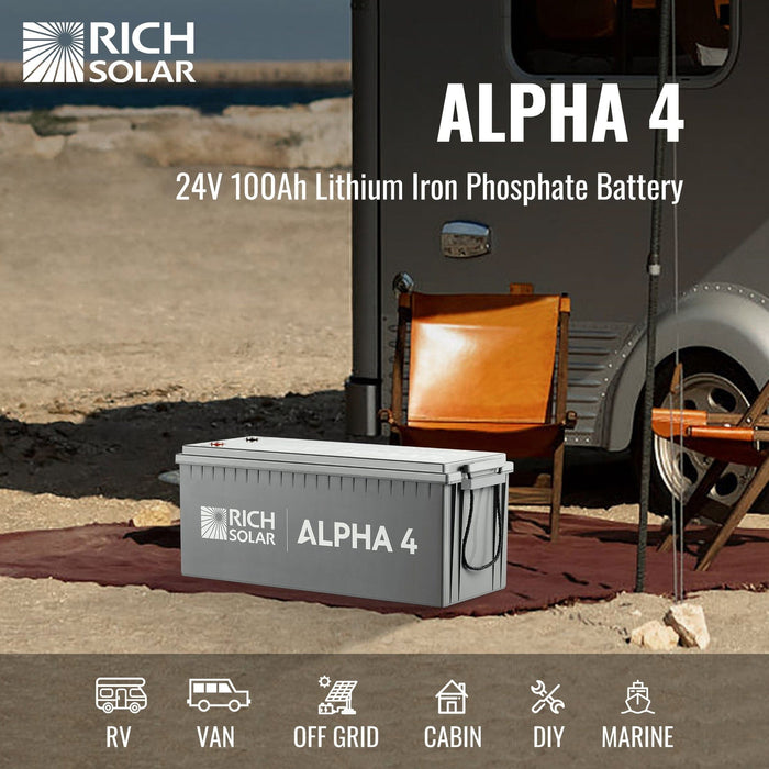 Rich Solar | ALPHA 4 | 24V 100Ah LiFePO4 Battery | Powerful 12V Lithium Battery for RVs, Trailers, Vans, Boats, Off-Grid | 5,000 Lifetime Cycles | Bluetooth and Internal Heat Technology