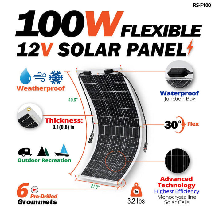 Rich Solar | MEGA 100 FLEX | 100 Watt Flexible Solar Panel | Lightweight 12V Flexible Solar Panel | High Efficiency