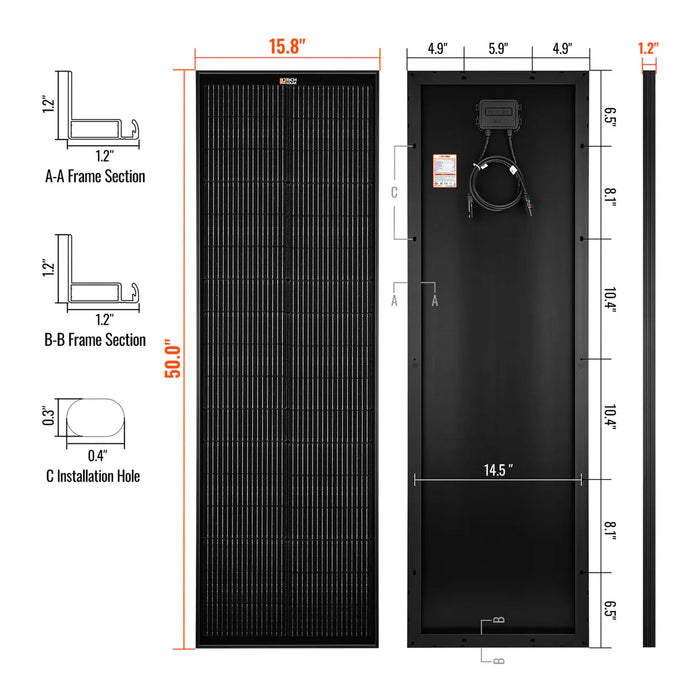Rich Solar | MEGA 100 Slim 100W 12V Narrow Solar Panel for Vans, Boats, and Off-Grid Use