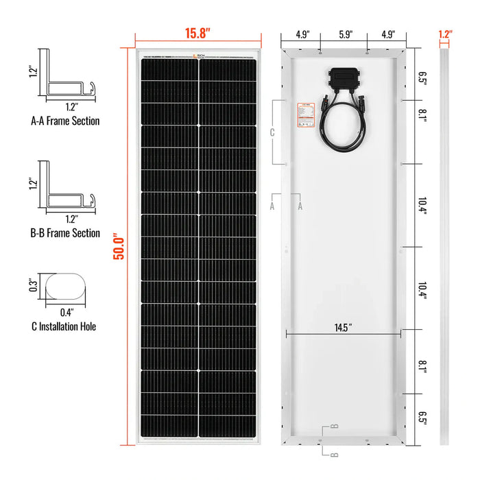 Rich Solar | MEGA 100 Slim 100W 12V Narrow Solar Panel for Vans, Boats, and Off-Grid Use