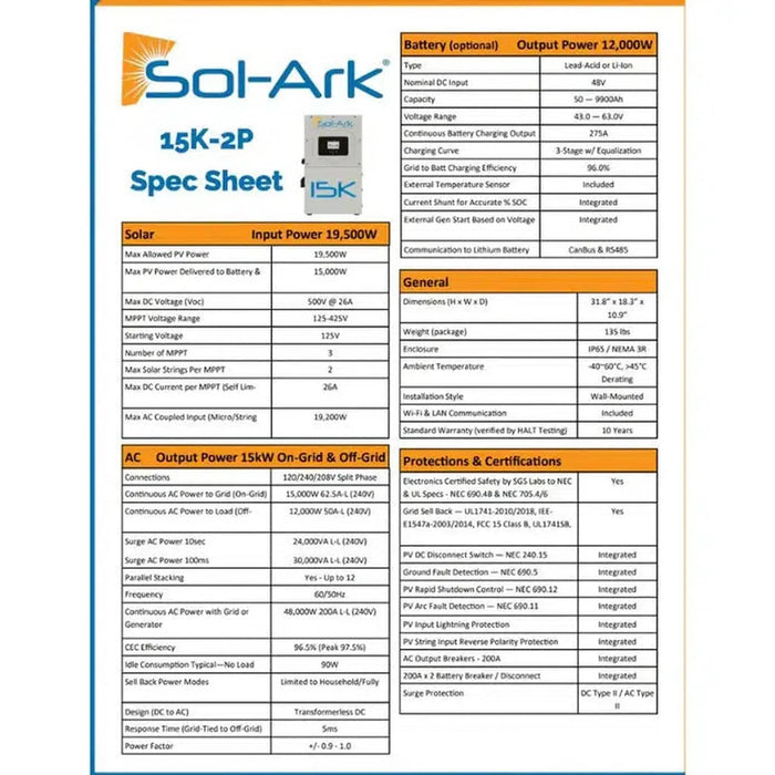 Sol Aek Sol-Ark | 15K All-In-One Hybrid Solar Inverter | 120/240/208V 48V Pre ...