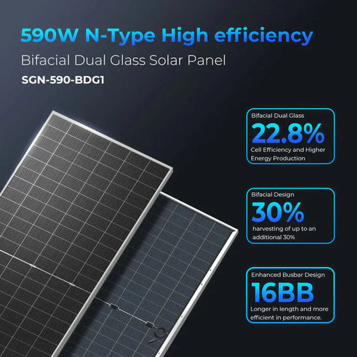 SunGoldPower | 590 Watt Bifacial N-Type Monocrystalline Solar Panel SGN-590-BDG1 31 PANELS UL61730 CEC Listed PRE-ORDER