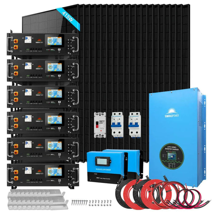 SunGoldPower | Off-Grid Solar Kits 15kW | 120V/240V with 48v LiFePO4 Lithium Batteries & 415w Solar Panels