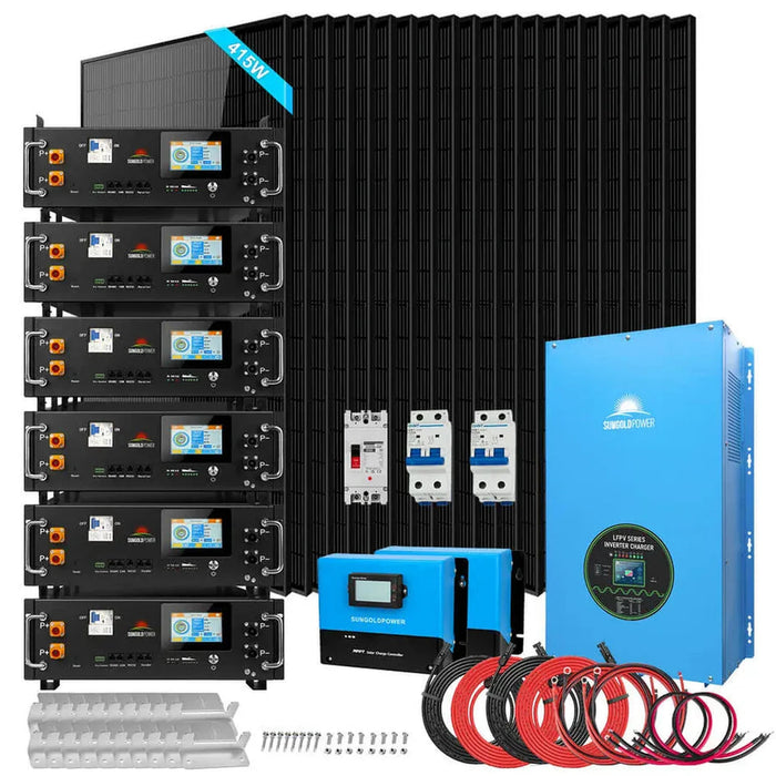 SunGoldPower | Off-Grid Solar Kits 18kW Options 120V/240V with 48v LiFePO4 Lithium Batteries & 415w Solar Panels SGR-18K20E