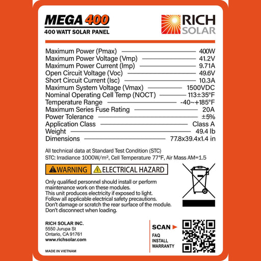 Rich Solar | MEGA 400 Watt Monocrystalline Solar Panel | High Efficiency | Best Panel for On-Grid and Off-Grid | 25 Year Warranty