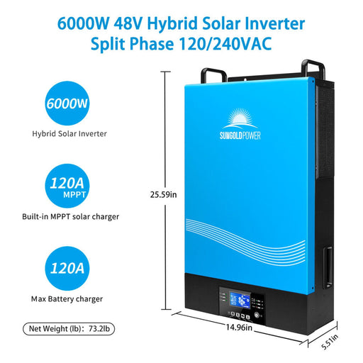 SunGold Power | 6000W 48V Hybrid Solar Inverter Split Phase 120/240VAC Grid Feedback & Batteryless