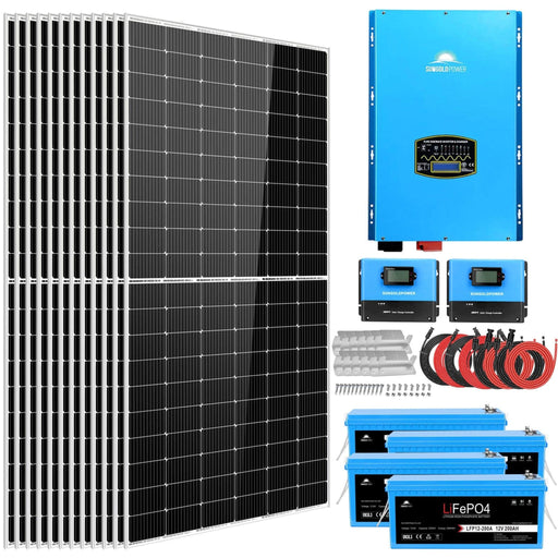 SunGold Power | Complete off Grid Solar Kit 12000W 48V 120V/240V output 10.24KWH Lithium Battery 5400 Watt Solar Panel