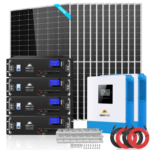 SunGold Power | Off Grid Solar Kit 10000W 48VDC 120V/240V LifePO4 20.48KWH Lithium Battery | 12x 450 Watts Solar Panels