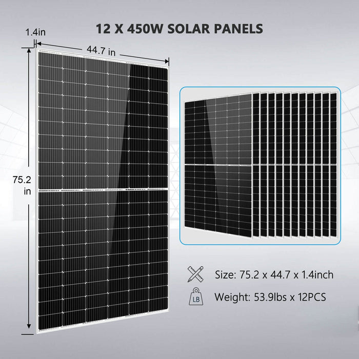 SunGold Power | Off Grid Solar Kit 10000W 48VDC 120V/240V LifePO4 20.48KWH Lithium Battery | 12x 450 Watts Solar Panels